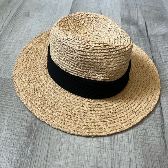 NEW & OTHER STORIES Grosgrain-Trimmed Straw Hat Tan Natural Black - Picture 3 of 11